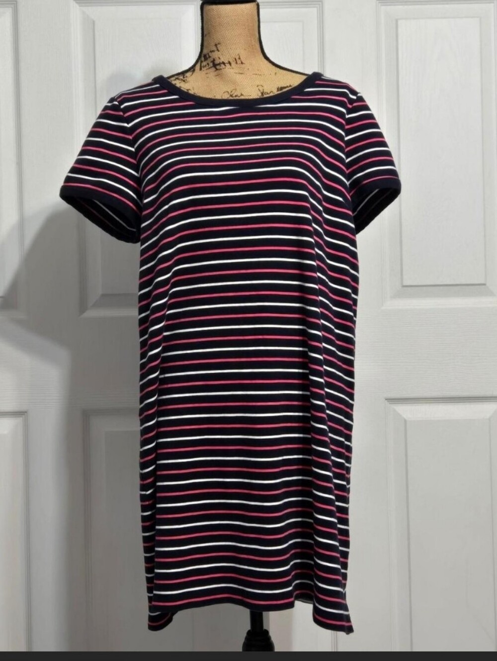 Talbots Navy Striped Tee Dress with Pink & White Accents Size XL